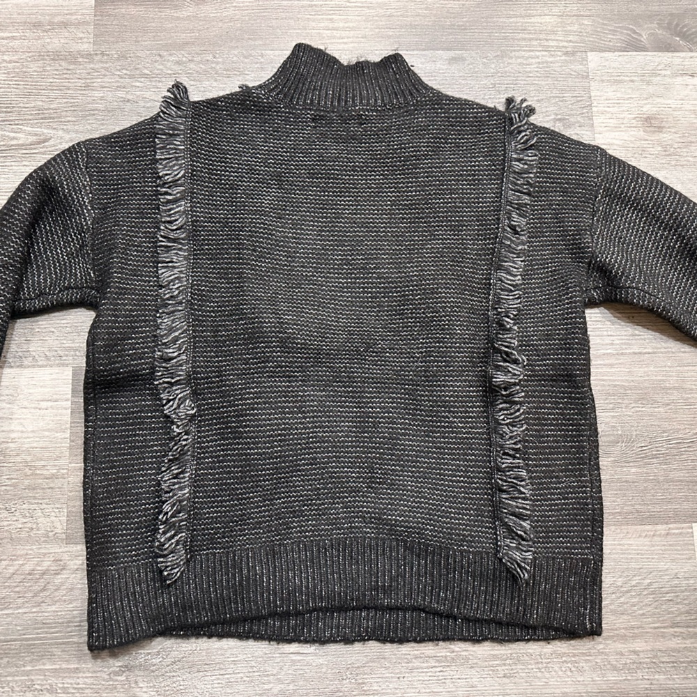 Women’s LOFT Boho Fringe Mock Neck Knit Sweater in Charcoal - Picture 3 of 7